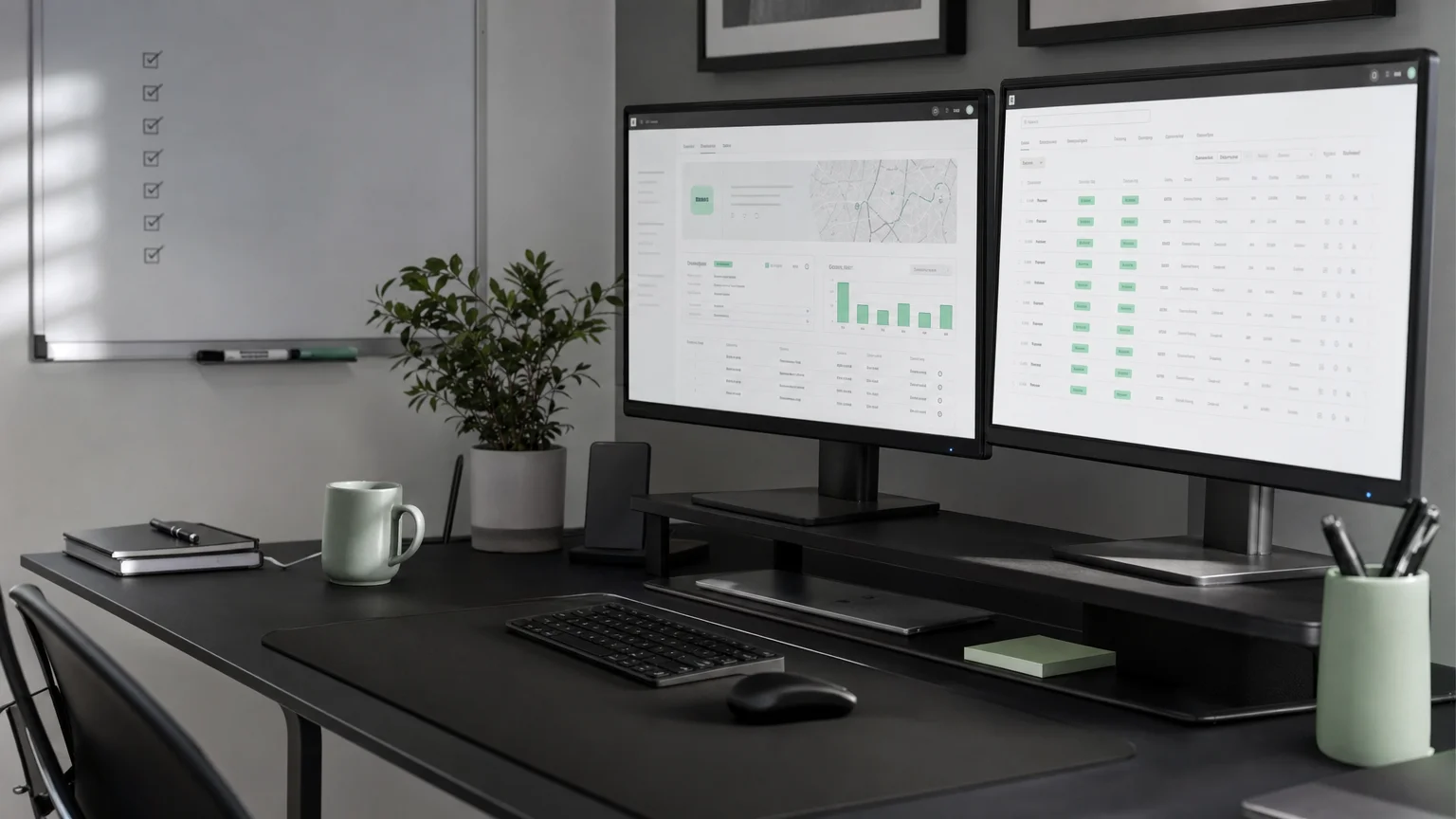 A small agency workspace with fleet dashboards on two monitors