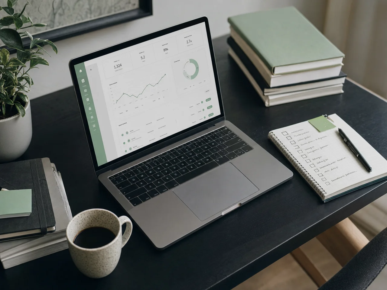 A freelancer's desk with the multi-site console open on a laptop